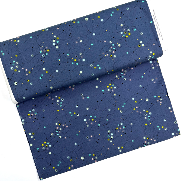 ST10209 Stoff Webware Baumwolle Meterware dunkelblau mit Linien bunte Leuchtpunkte Meterware